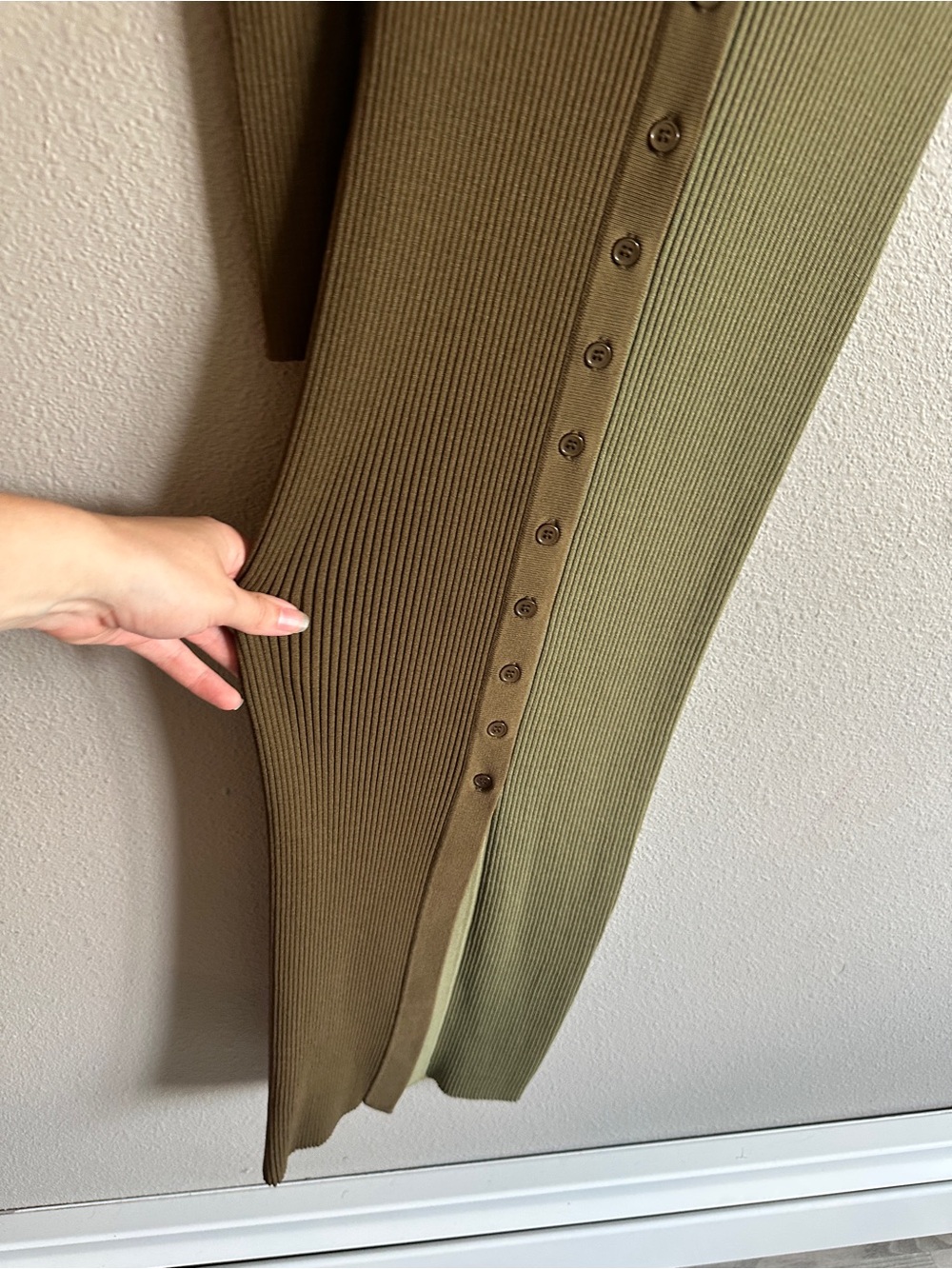 STAUD Shoko Two-Tone Olive Brown Ribbed Button-Front Midi Dress Medium - Picture 5 of 11